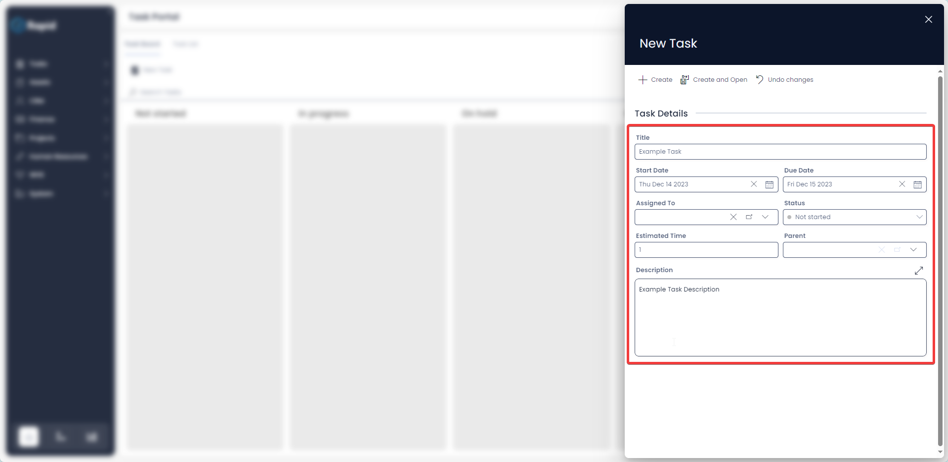 A screenshot that shows the location and appearance of the New Task create screen. The screenshot is annotated with a red box to highlight the location the relevant fields for creating a new task.